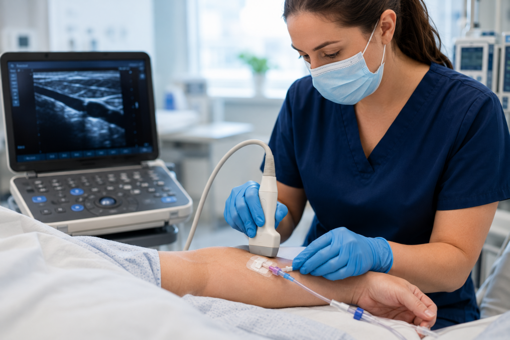 Medical professional using ultrasound guidance to place a vascular access line in a patient's arm at the bedside.